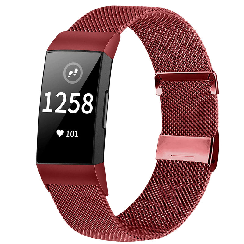 XFYELE Metal Mesh Stainless Steel Watch Band Compatible with Fitbit Charge 4/ Charge 3/ Charge 3 SE Smart Watch, Adjustable Magnetic Clasp Sport Watch Straps for Women Men (L, Wine Red)