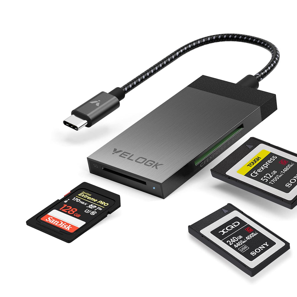 3-in-1 CFexpress/XQD/SD Card Reader USB C, VELOGK Dual-Slot USB 3.2(10Gbps) CFexpress Type B Card Reader Adapter compatible with Android/Windows/Mac OS/Linux, with Brushed Aluminum Case&Portable Pouch