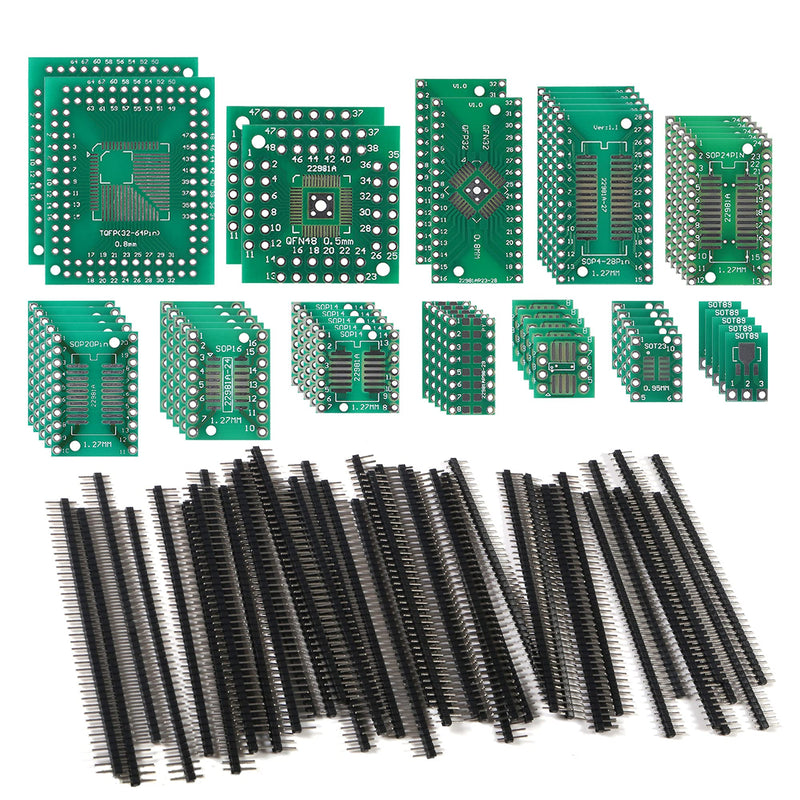 ALAMSCN 51PCS 12 Types SMD to DIP Adapter PCB Proto Board Plate Converter SOP SOT 0402/0603/0805 TQFP QFN + 40PCS 2.54mm Male 40 Pin Header