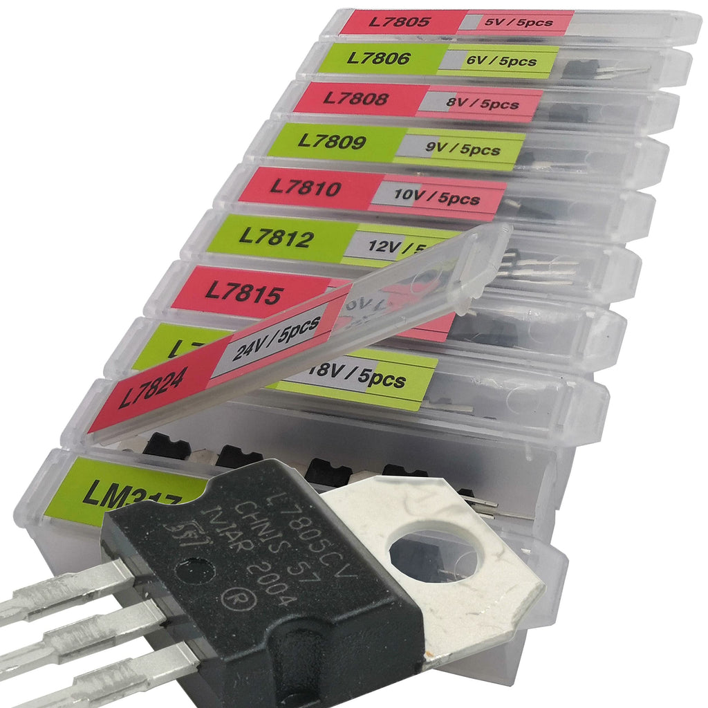 EEEEE 10 Values 50 Pcs Linear Voltage Regulator Positive External Voltage Kit LM317 L7805 L7806 L7808 L7809 L7810 L7812 L7815 L7818 L7824 TO-220 Package Adjustable Voltage Regulator Assortment Kit