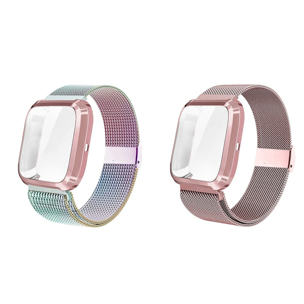 Maxjoy Compatible with Fitbit Versa Bands, Versa 2 Stainless Steel Metal Band Mesh Replacement Bracelet Wristband with Protective Case Compatible with Fitbit Versa 2 1 Watch, Colorful