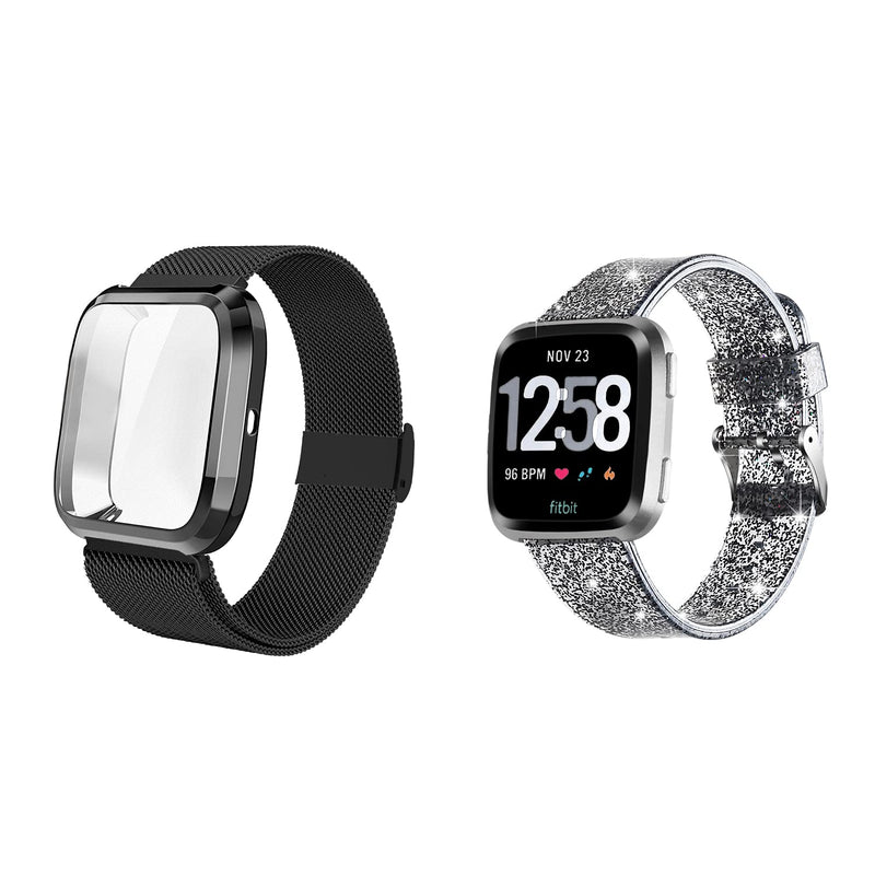 Maxjoy Compatible with Fitbit Versa 2 Bands, Versa Silicone Band Women Waterproof Sweat Resistant Replacement Strap & Versa 2 Stainless Steel Band