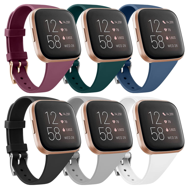 6 Pack Silicone Bands Compatible with Fitbit Versa 2 Bands / Fitbit Versa Bands /Versa Lite/Versa SE, Soft Silicone Slim Narrow Replacement Wristbands for Fitbit Versa 2 Smart Watch (6 Pack D, Large) Wine Red/Dark Green/Navy Blue/Black/Gray/White