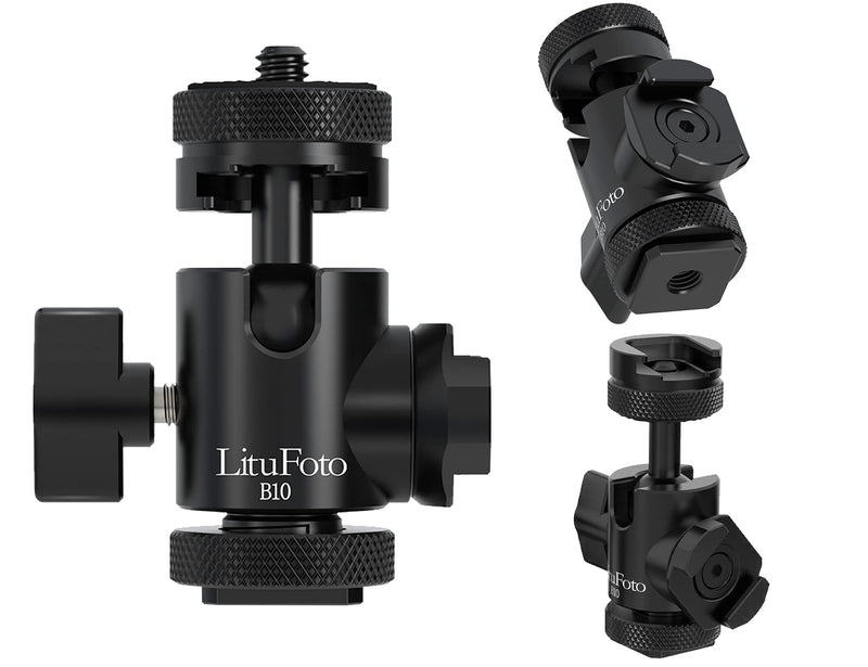 LituFoto B10 Ball Head with 1/4" Hotshoe Camera Mount Adapter & Extra Coldshoe Mount 360 Degree Rotatable Aluminum Tripod Head for DSLR Cameras Tripods Monopods Camcorder Light Stand, Max. Load 22lbs