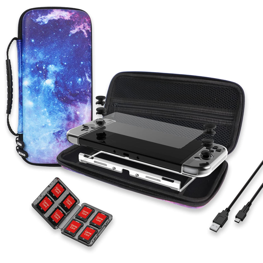NexiGo Carrying Case and Game Accessories Kit for Nintendo Switch OLED, Game Accessories Bundle with Protective Case, Joystick Cap, Screen Protector (Galaxy) Galaxy