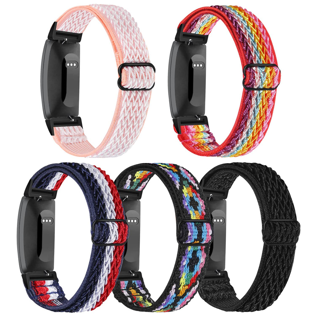 Adjustable Elastic Fitbit Inspire 2 Bands Compatible with Fitbit Inspire 2 / Inspire / Inspire HR , Stretch Soft Nylon Sport Breathable Wristband Replacement Women Men (5 Pack) Red+Colorful+Black+Pink+Argyle