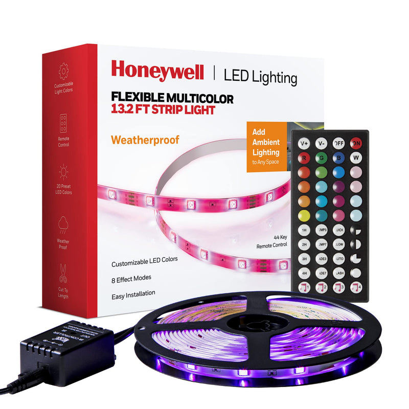 Honeywell 13.2ft Weatherproof 20-Color LED RGB Strip Light for Indoor and Outdoor Use, with Remote Control, Dimmable Lights, 4 Music Sync Modes, 8 Effects Modes