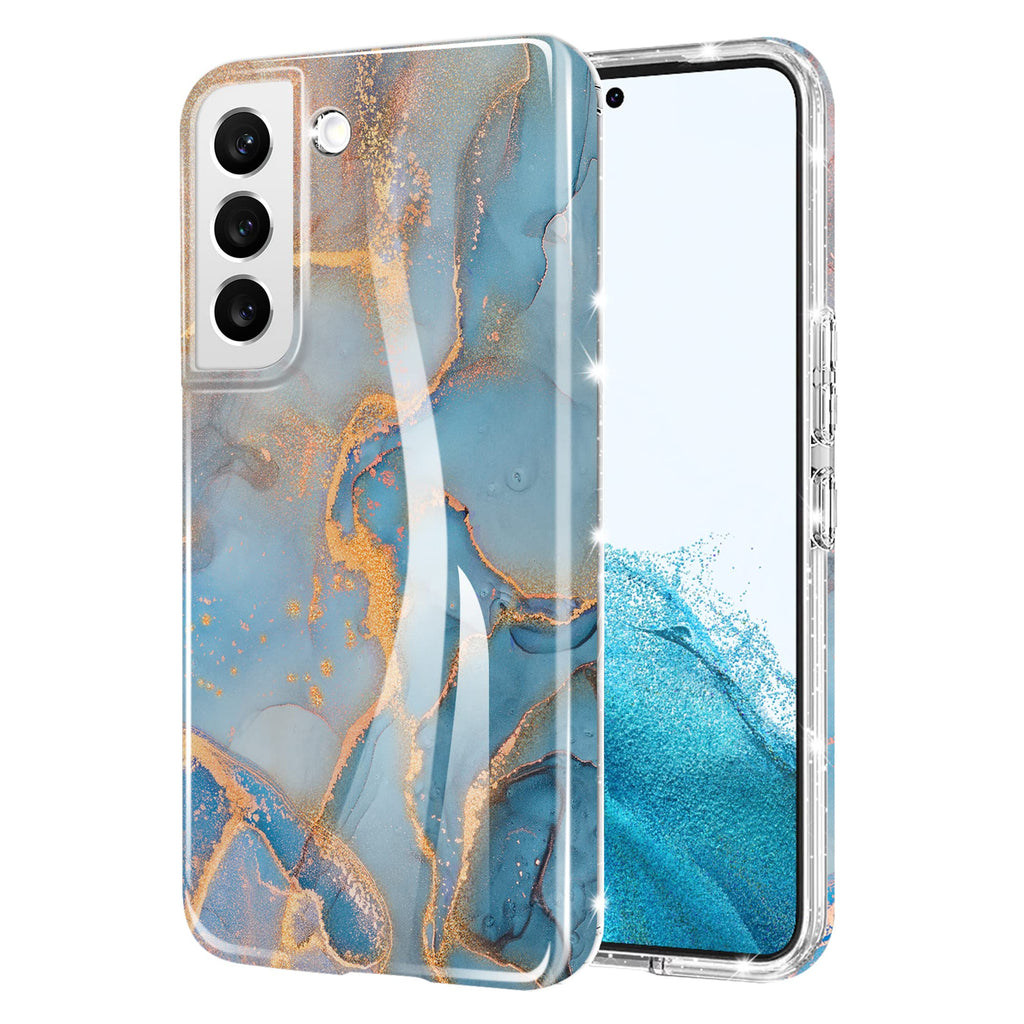 Seltureone Compatible with Samsung Galaxy S22 Case, Glossy Soft Glitter Marble TPU Shockproof Bumper Scratch-Proof Skin Phone Cover, Blue Ocean Gold