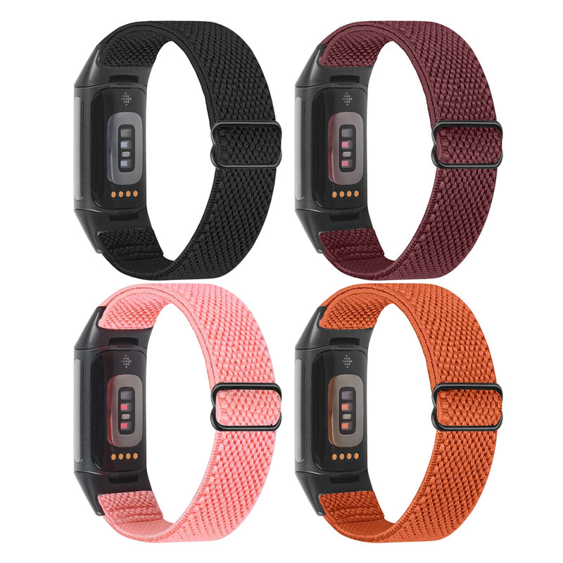 Enkic 4 Pack Elastic Watch Bands Only Compatible with Fitbit Charge 5 for Men Women, Adjustable Stretchy Nylon Sport Loop Straps Replacement Wristband Black+Wine Red+Pink+Orange