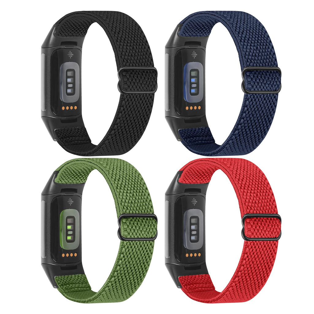 Enkic 4 Pack Elastic Watch Bands Only Compatible with Fitbit Charge 5 for Men Women, Adjustable Stretchy Nylon Sport Loop Straps Replacement Wristband Black+Indigo+Army Green+Red