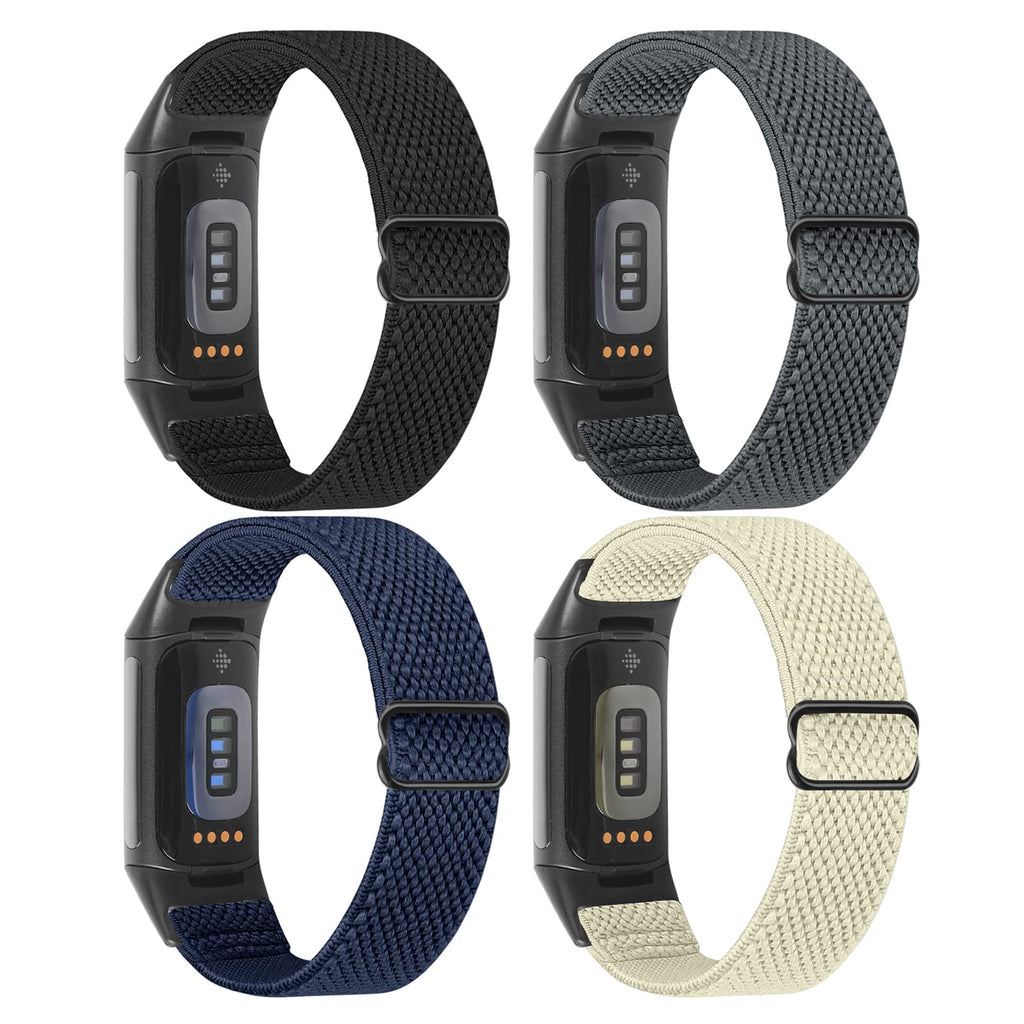 Enkic 4 Pack Elastic Watch Bands Only Compatible with Fitbit Charge 5 for Men Women, Adjustable Stretchy Nylon Sport Loop Straps Replacement Wristband Black+Gray+Indigo+Off-white