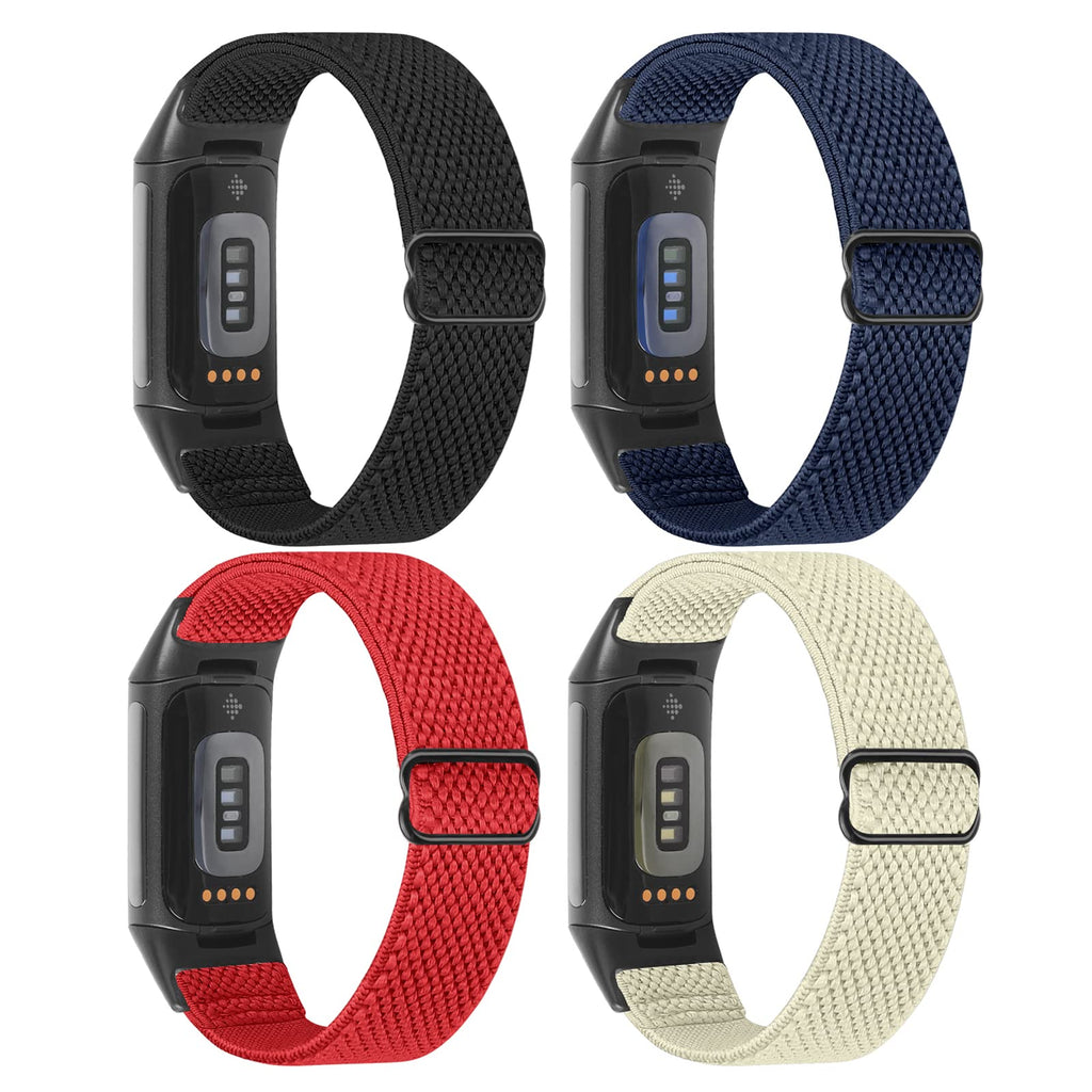 Enkic 4 Pack Elastic Watch Bands Only Compatible with Fitbit Charge 5 for Men Women, Adjustable Stretchy Nylon Sport Loop Straps Replacement Wristband Black+Indigo+Off-white+Red