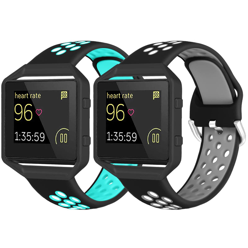 ESeekGo Compatible with Fitbit Blaze Bands for Men Women, 2 Pack Silicone Sport Breathable Replacement Bands with 1 Pack Black Metal Frame Compatible with Fitbit Blaze Bands for Women Men, Large Black/Gray & Black/Cyan with ONE Black Frame