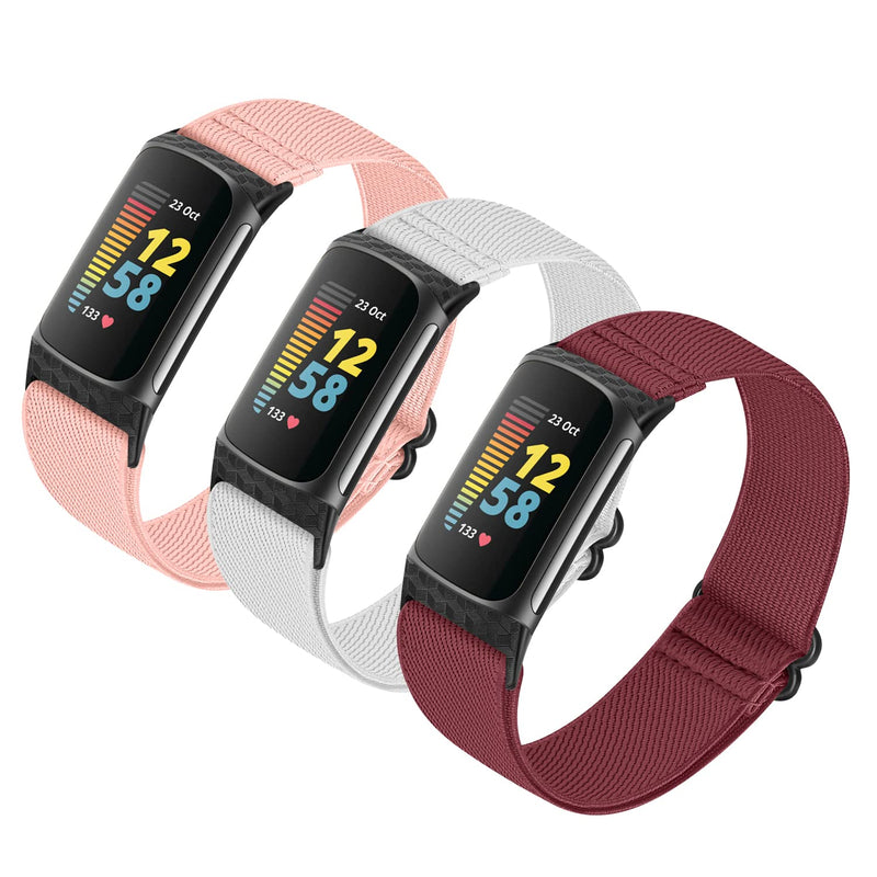 3 Pack Adjustable Elastic Watch Band Compatible with Charge 5 Bands for Women Men, Stretchy Sport Loop Band Soft Nylon Wristband Accessories for Charge 5 Fitness & Health Tracker Pink,Wine, White