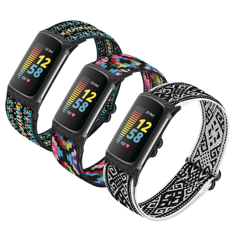 3 Pack Adjustable Elastic Watch Band Compatible with Charge 5 Bands for Women Men, Stretchy Sport Loop Band Soft Nylon Wristband Accessories for Charge 5 Fitness & Health Tracker Boho Black,Boho Colors,Boho Blue