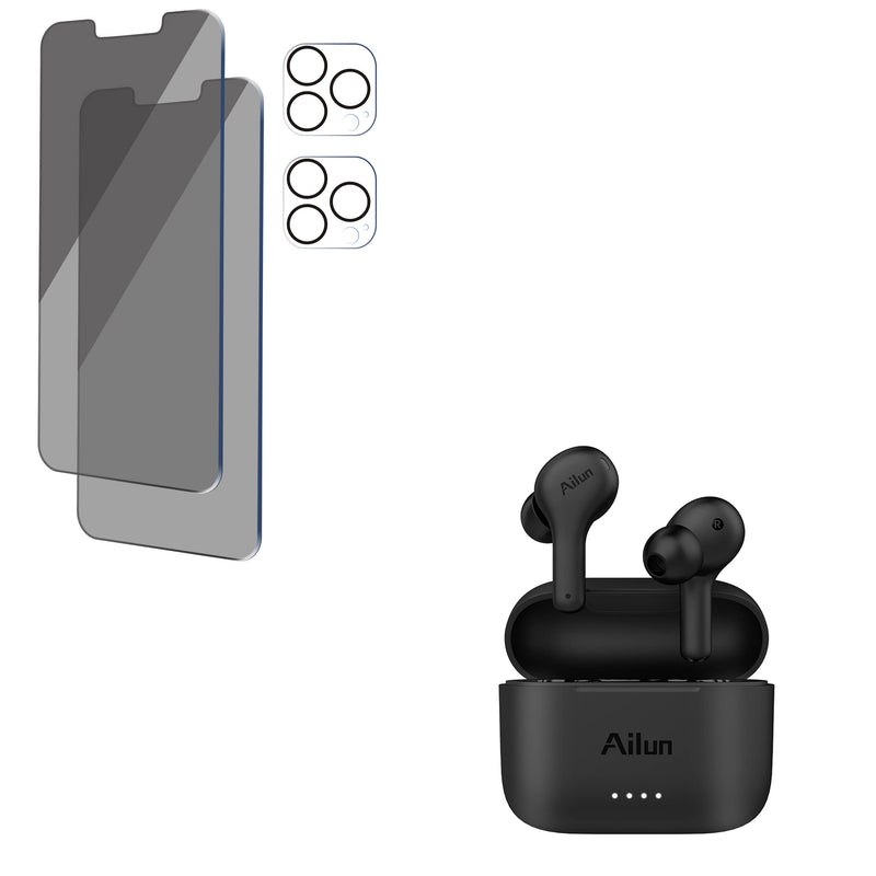Ailun 2Pack Privacy Screen Protector Compatible for iPhone 13 Pro Max[6.7 inch] + 2 Pack Camera Lens Protector and True Wireless Earbuds with ENC Noise Cancelling Bluetooth Earphones