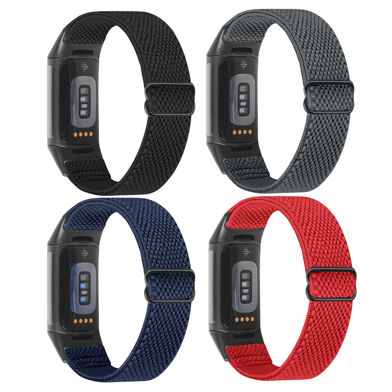 Enkic 4 Pack Elastic Watch Bands Only Compatible with Fitbit Charge 5 for Men Women, Adjustable Stretchy Nylon Sport Loop Straps Replacement Wristband BlackI+Gray+Indigo+Red