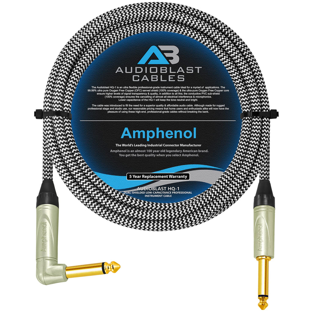 15 Foot - Audioblast HQ-1-BRAID (Black+White) – Flexible, Shielded - Guitar Bass Instrument Cable w/Amphenol Q-Series Angled & Straight Gold TS Plugs
