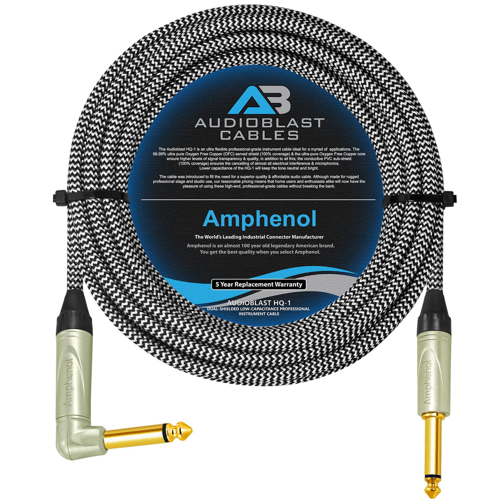25 Foot - Audioblast HQ-1-BRAID (Black+White) – Flexible, Shielded - Guitar Bass Instrument Cable w/Amphenol Q-Series Angled & Straight Gold TS Plugs