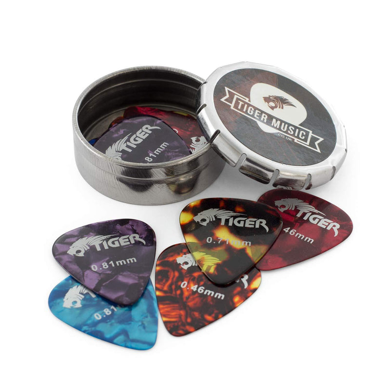 Tiger Guitar Plectrums with Pick Tin - 12 Medium Guitar Picks Celluloid Mixed Gauge 12 Picks