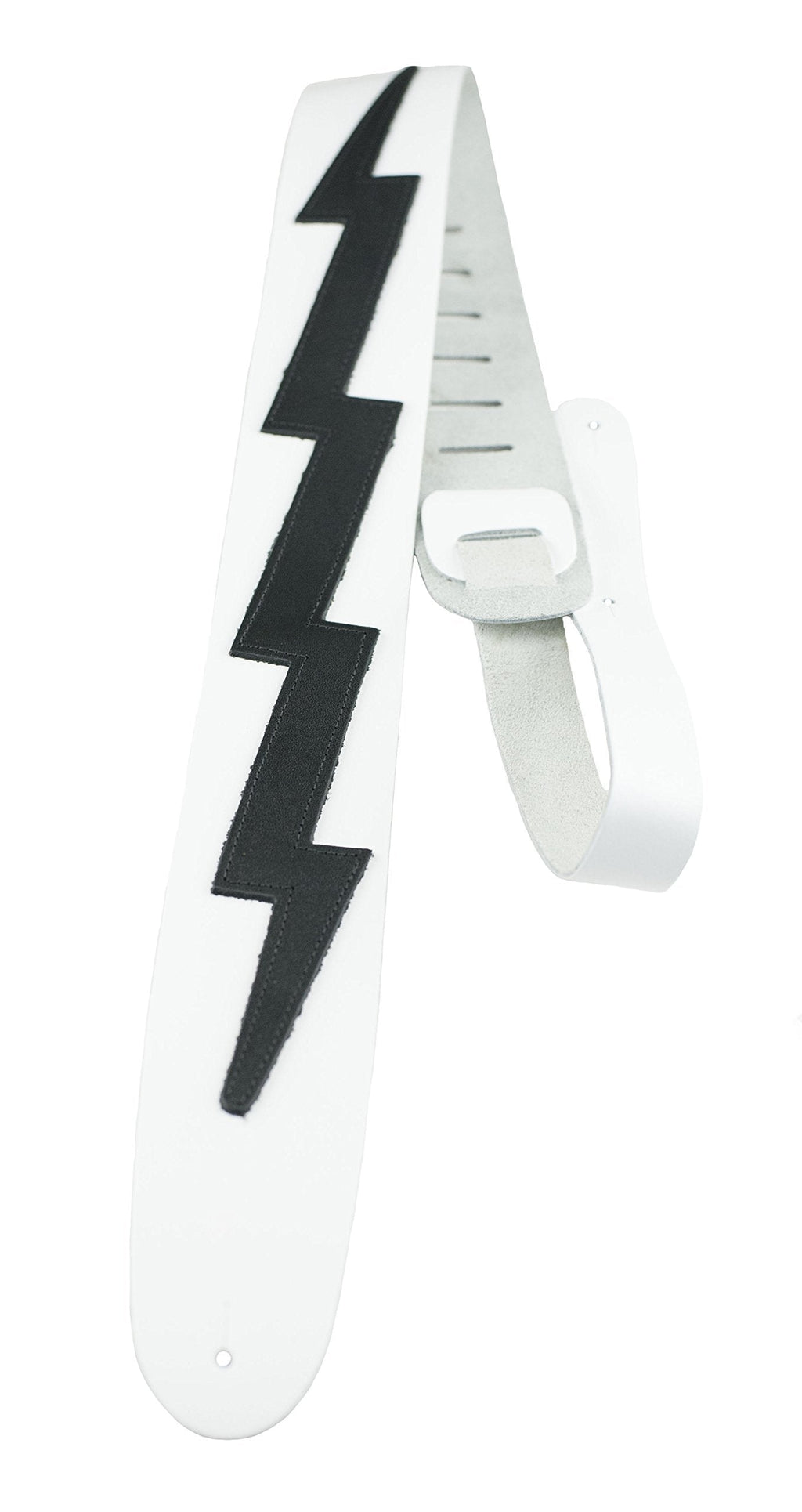 Perri's Leathers Lightning Bolt Famous Guitar Strap, White & Black Leather, 2.5” inches Wide, Adjustable Length 41.5" to 56" inches White with Black Lightning Bolt