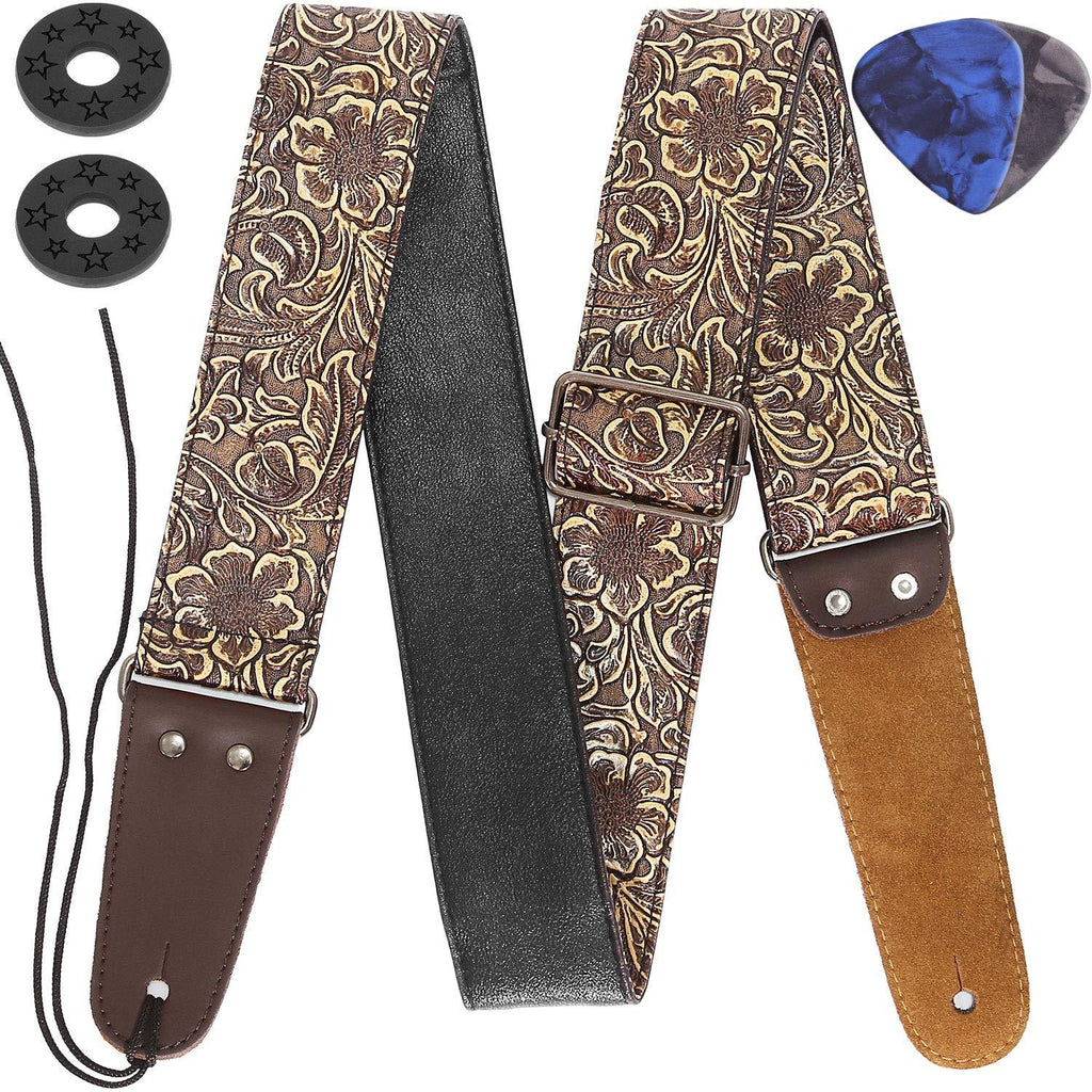 Guitar Strap, Stamped Leather Guitar Strap PU Leather Western Vintage 60's Retro Guitar Strap with Genuine Leather Ends for Electric Bass Guitar, with Tie,Include 2 Picks,Bronze Bronze