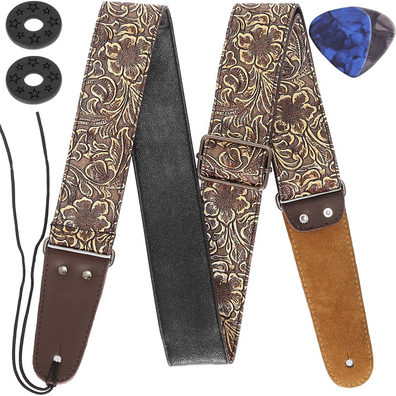 Guitar Strap, Stamped Leather Guitar Strap PU Leather Western Vintage 60's Retro Guitar Strap with Genuine Leather Ends for Electric Bass Guitar, with Tie,Include 2 Picks,Bronze Bronze