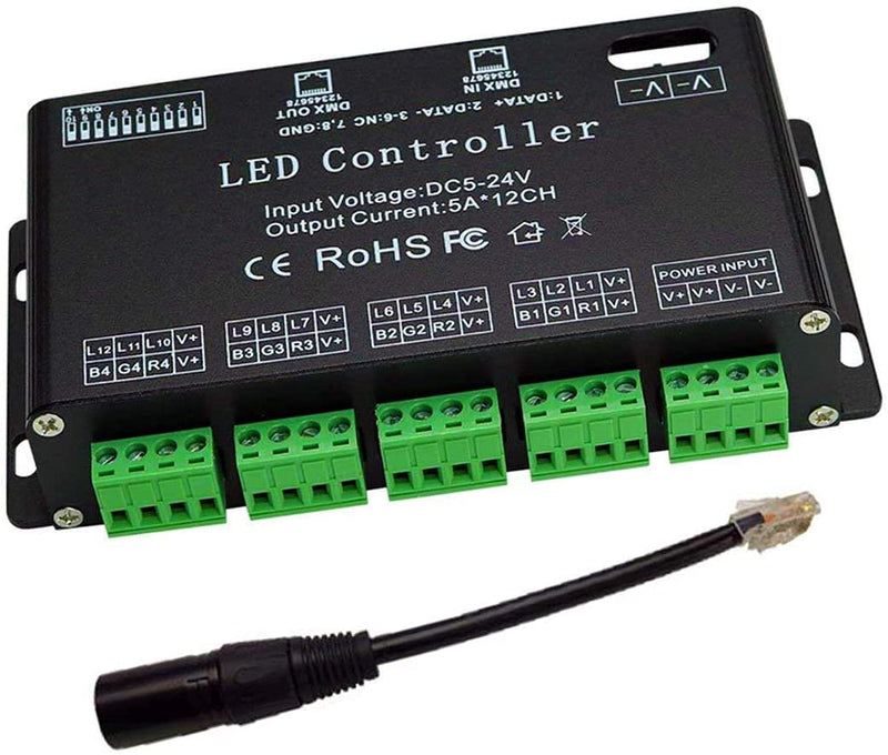 DMX 512 Decoder, Dimming Driver DMX512 Controller for LED RGB Tape Strip Light RJ45 Connection DC5-24V 5A/CH (12 Channel) 12 Channel