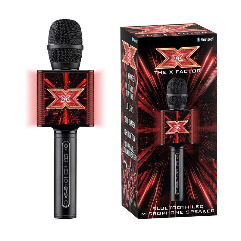 The X Factor Karaoke Microphone Speaker with Wireless Bluetooth, LED Lights, Echo and Voice Changer for Kids and Adults, XF2, Black
