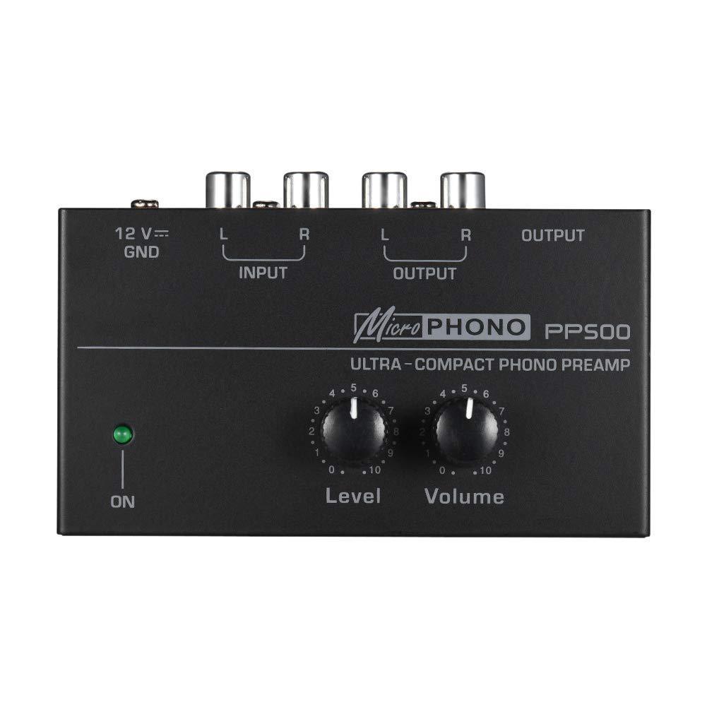 PP500 Mini Phono Turntable Preamp Preamplifier with Level and Volume Control Knobs/RCA Input & Output and 1/4 Inch TRS Output Interfaces for Vinyl Record Players & DJ Mixers Black
