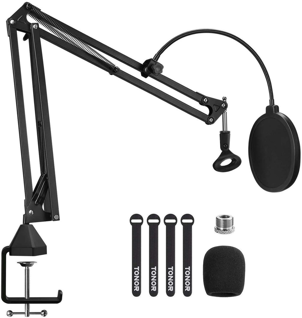 Microphone Arm Stand, TONOR Adjustable Suspension Boom Scissor Mic Stand with Pop Filter, 3/8" to 5/8" Adapter, Mic Clip, Upgraded Heavy Duty Clamp for Blue Yeti Nano Snowball Ice and Other Mics (T20) T20