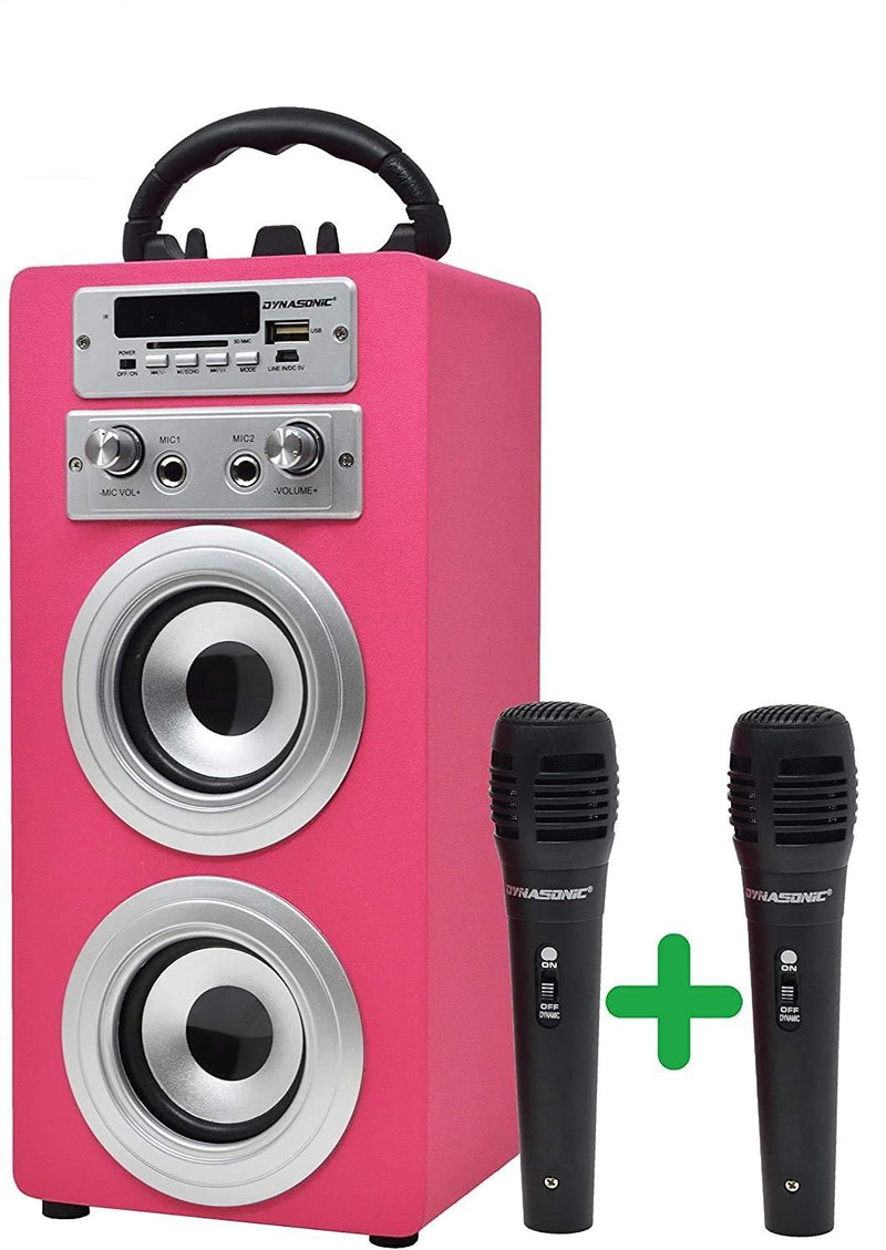 DYNASONIC - Portable Bluetooth Speaker with Karaoke Mode and Microphone, FM Radio and USB SD Reader (Pink Model) (2 TWS Microphones) TWS 2 Microphones