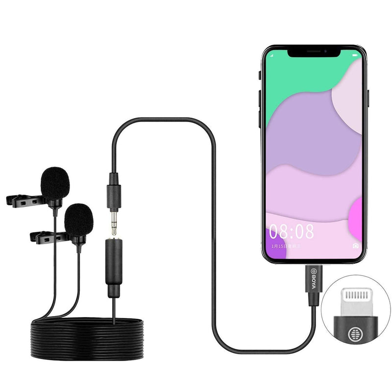 [AUSTRALIA] - BOYA BY-M2D Digital Dual-Head Lavalier Microphones Omnidirectional Lapel Mic with Lightning Plug Adapter Compatible with iPhone iPad iOS MAC for YouTube Video Facebook Live (20ft Cable) 