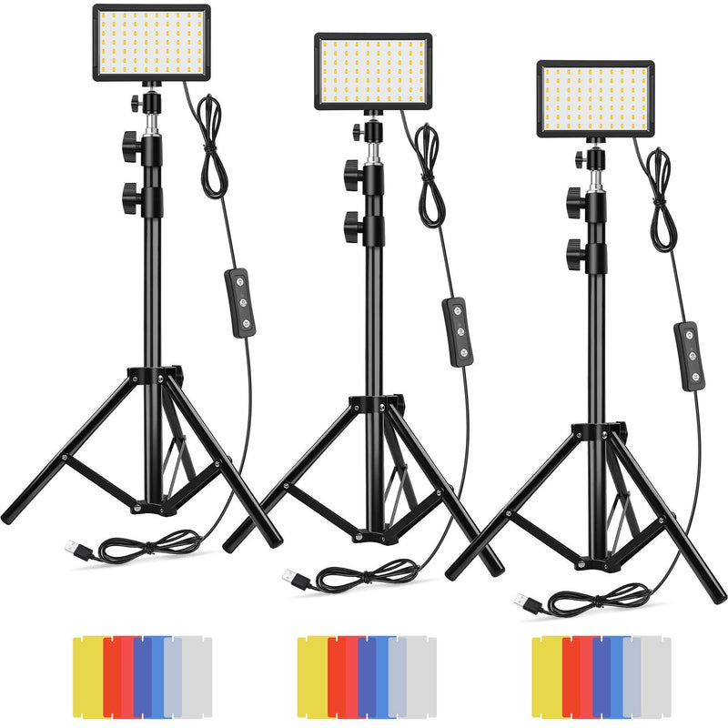 Led Video Lighting Kit Dimmable 5600K USB 70 LED Video Light with Mini Adjustable Tripod Stand and Color Filters for Table Top/Low Angle Photo Video Studio Shooting (3 Pack) 3 Pack