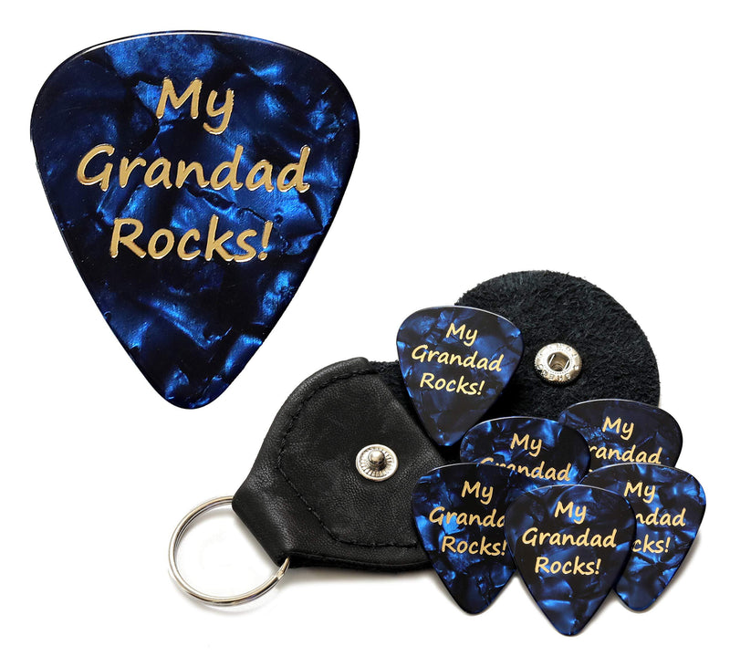 My Grandad Rocks Blue Guitar Picks With Leather Plectrum Holder Keyring