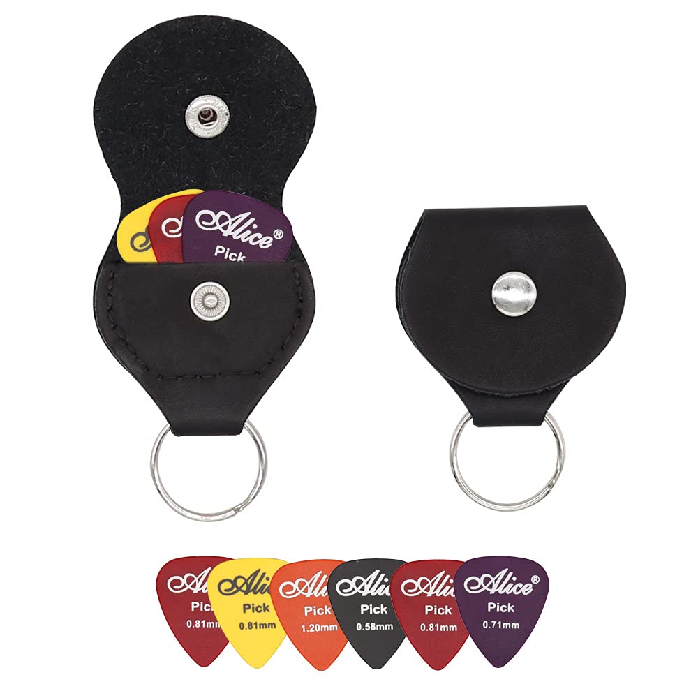 KSTEU 1 PCS Leather Plectrum Holder Guitar Keyring and 6 Pieces Guitar Plectrums, Easy to Carry and Protect the Guitar Picks, Universal for Guitar, Ukulele, Bass (black) black