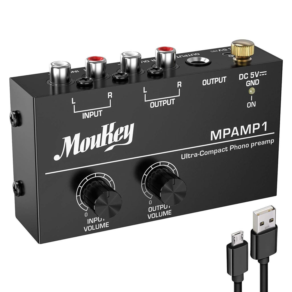 Moukey Stereo Mini Phono Turntable Preamp Preamplifier with DC 5V ,RCA Input, RCA Output & Low Noise,Independent Knob Control Operation-MPAMP1