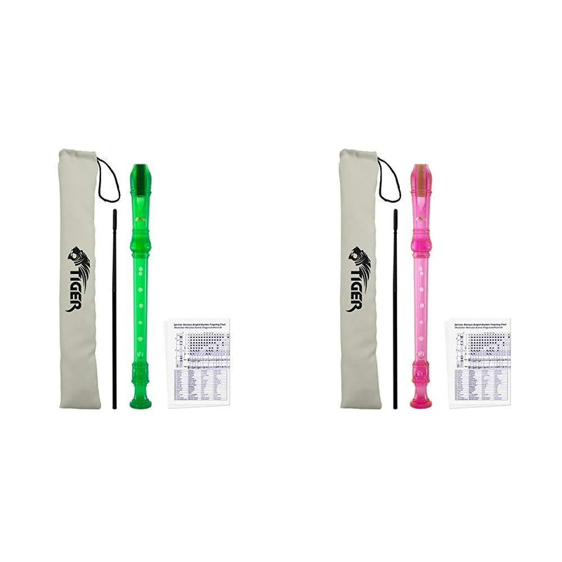 Tiger Green Descant Recorder - Cleaning Rod & Case, REC7-GR + Tiger Pink Descant Recorder - Cleaning Rod & Case, REC7-PK