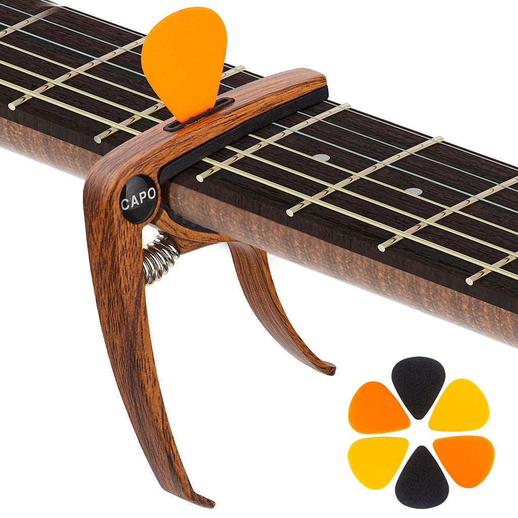 Guitar Capo with 6 Guitar Picks, KQJ Wood Grain Capo for Acoustic and Electric Guitar, Bass, Ukulele, Mandolin, Banjo [Quick Release & No Buzz]