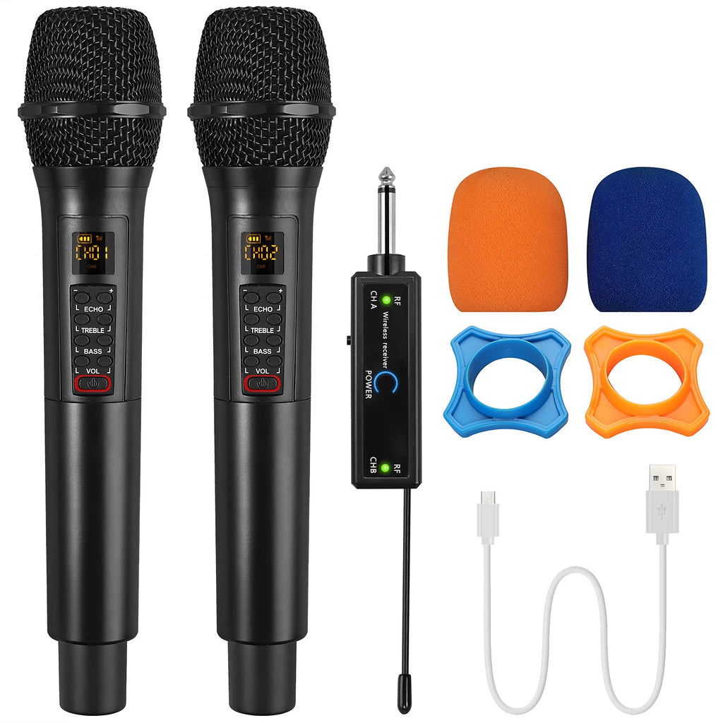 PROZOR Wireless Microphones UHF with Volume Treble Bass Echo Control Cordless Dynamic Mic System with Rechargeable Receiver for Karaoke Machine Singing Wedding Church DJ Party Speech