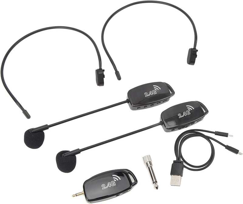 Wireless Microphone Headset Double Professional: Cordless Mic Head for Two People, Heads Handheld Mics 2 in 1- USB-C Rechargeable - 1/4'' and 1/8'' Plug for PA System, Voice Amplifier,Teaching,Fitness Black1