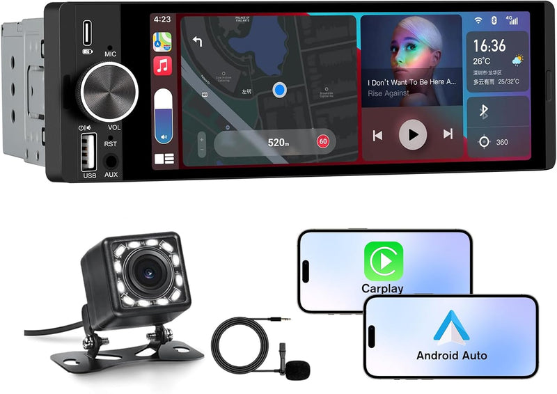 Single Din Radio Car Stereo with CarPlay & Android Auto, 6.28 Inch HD Touch CarPlay Screen, Backup Cam,Bluetooth, MP5,USB Type-C, SWC, EQ, FM Radio with External Mic black