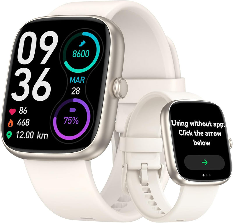 Smart Watch Senior Friendly No App No Phone Required, Waterproof Pedometer | Present for Parents, Waterproof Fitness Tracker, Step Counter, Heart rate Monitor, Sleep Tracker, Alarm Clock, Stopwatch Almond