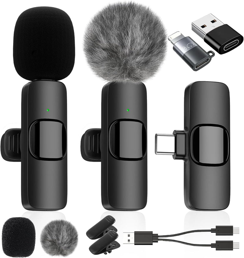 Wireless Lavalier Microphone for Android/iPhone/Computer/Laptop, Wireless Mic for iPhone15 with Noise Reduction Chip, Mini Microphone for Recording Podcast YouTube, TikTok(2 Pack)