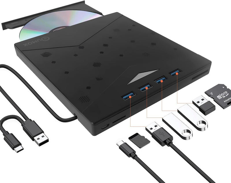 [AUSTRALIA] - External CD/DVD Drive for PC, Portable 7 in1 USB 3.0 CD Drive External Usb, CD Reader for PC CD Burner with 4 USB Ports and TF/SD Card Slots, External Dvd Burner for Windows 11/10/8/7/XP/Linux/MacOS 7 in 1 