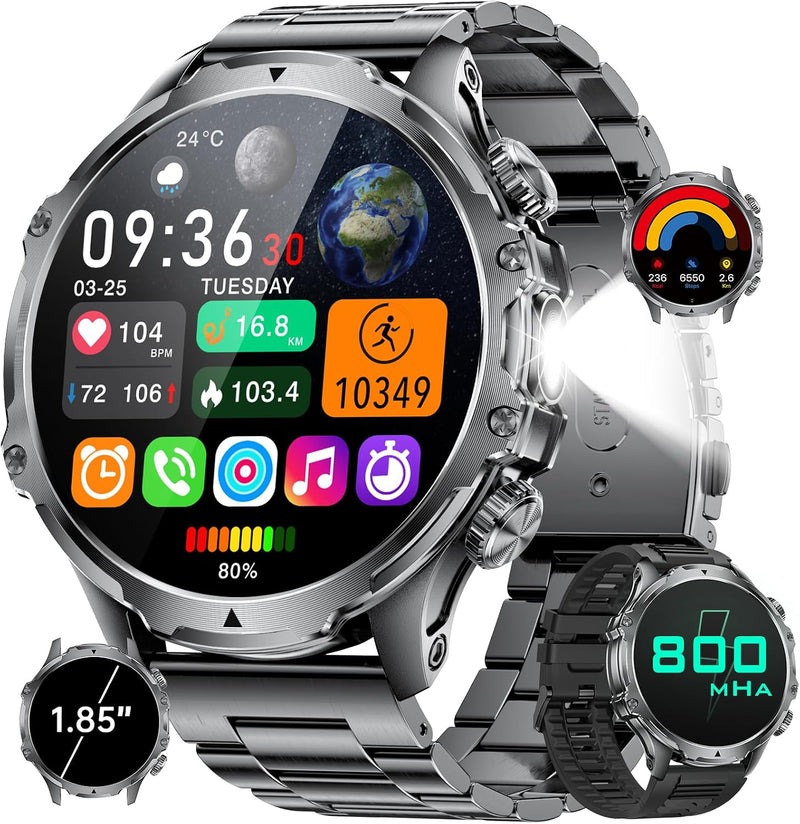 Military Smart Watch for Men Answer/Make Call, 1.85'' HD Rugged Smartwatch with 1000mAh Battery/Flashlight/Heart Rate/110+ Sports Mode, IP68 Waterproof Fitness Tracker Watch for Android iPhone Black