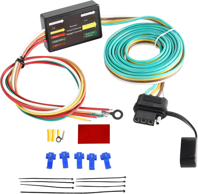 PSEQT 3-to-2-Wire Splice-in Trailer Tail Light Converter with 4-Pin Flat Plug Wiring Harness Waterproof for Tail Side Clearance Brake Stop Turn Signal Lights, Used in Trailer Truck Van RV ATV, 1Pcs