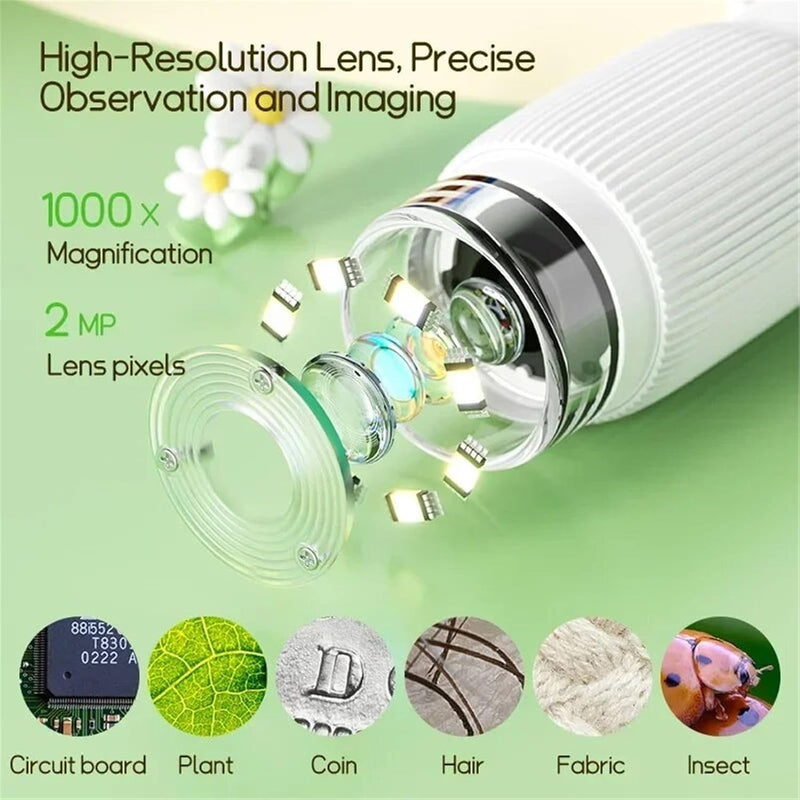 1000X Handheld Microscope for Kids, 3'' Digital Kids Microscope with Adjustable Light, Easter Pocket Portable Micro Scope, Stem Toys for Ages 5-7 8-12 Teen Boys and Girls Educational Gifts, White 3-inch
