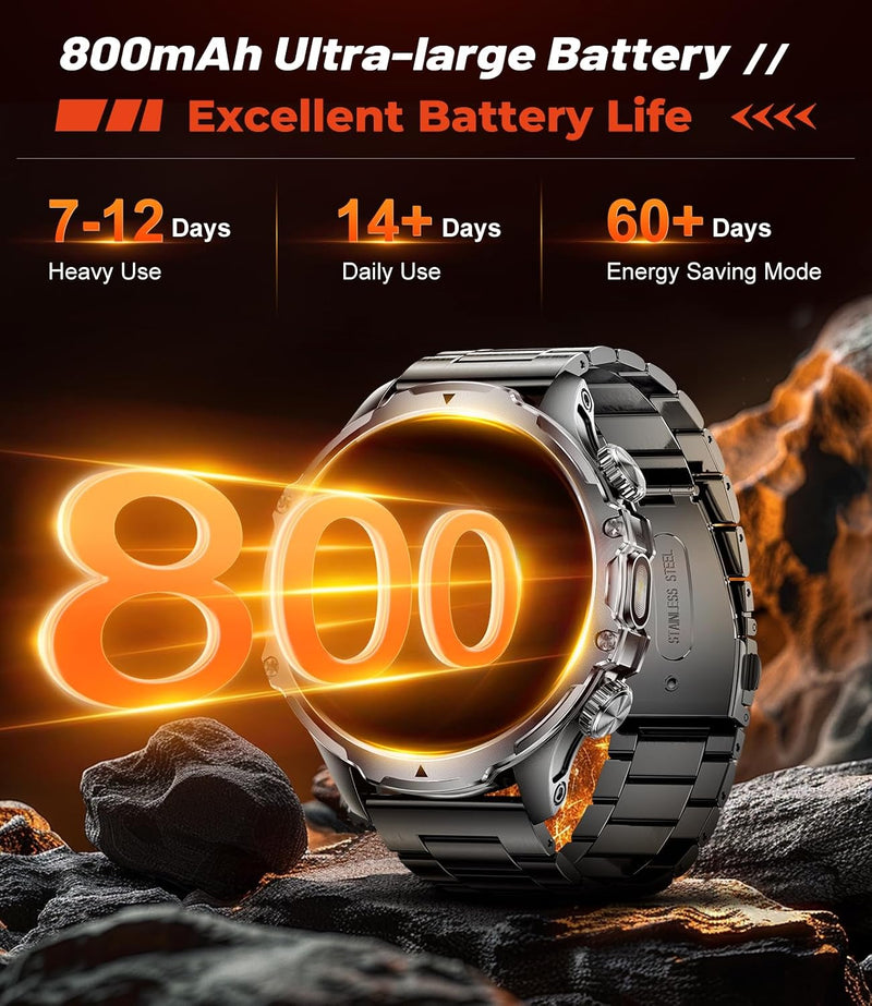 Military Smart Watch for Men Answer/Make Call, 1.85'' HD Rugged Smartwatch with 1000mAh Battery/Flashlight/Heart Rate/110+ Sports Mode, IP68 Waterproof Fitness Tracker Watch for Android iPhone Black