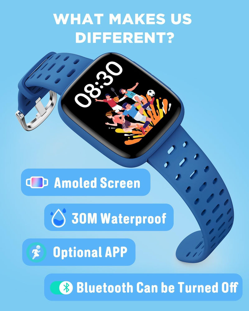 [AUSTRALIA] - Smart Watch for Kids No Phone No APP Needed, 1.83" AMOLED Screen Fitness Tracker Watch with Pedometer, Kids Smart Watch with Heart Rate/Sleep Monitor, IP68 Waterproof for Boys Girls 5-12 Blue 